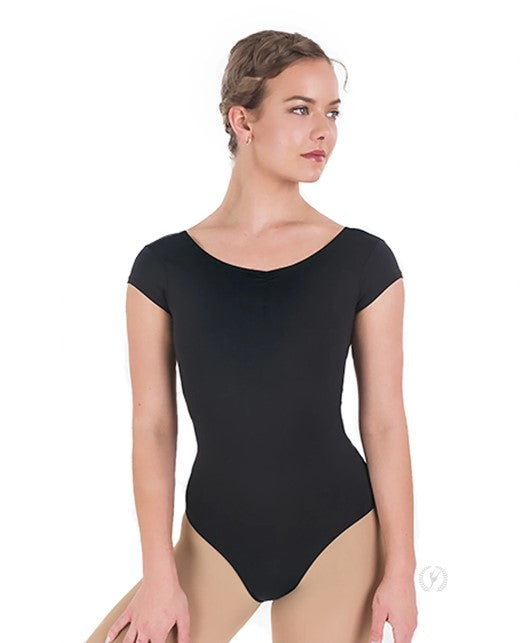 Womens Pinch Front Cap Sleeve Low Back Leotard