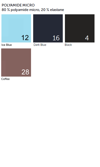 Color swatch chart for POLYAMIDE MICRO fabric with color codes and names.