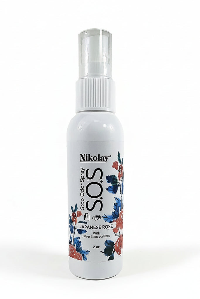 Nikolay SOS spray bottle with floral design on a white background