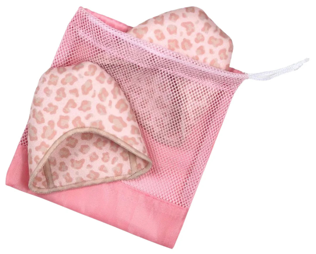 Pink mesh laundry bag with leopard print fabric inside on a white background