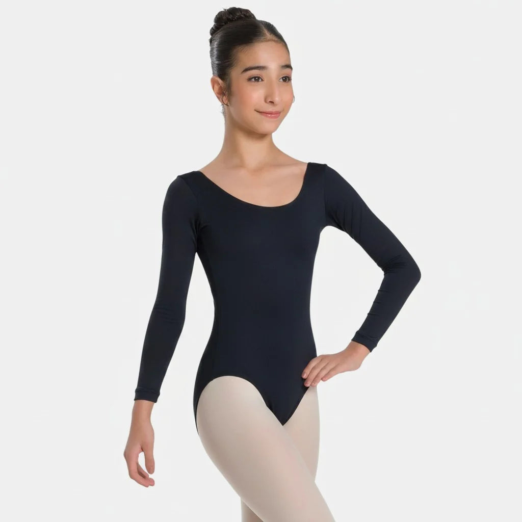 Person wearing a black long-sleeve leotard and beige tights on a white background