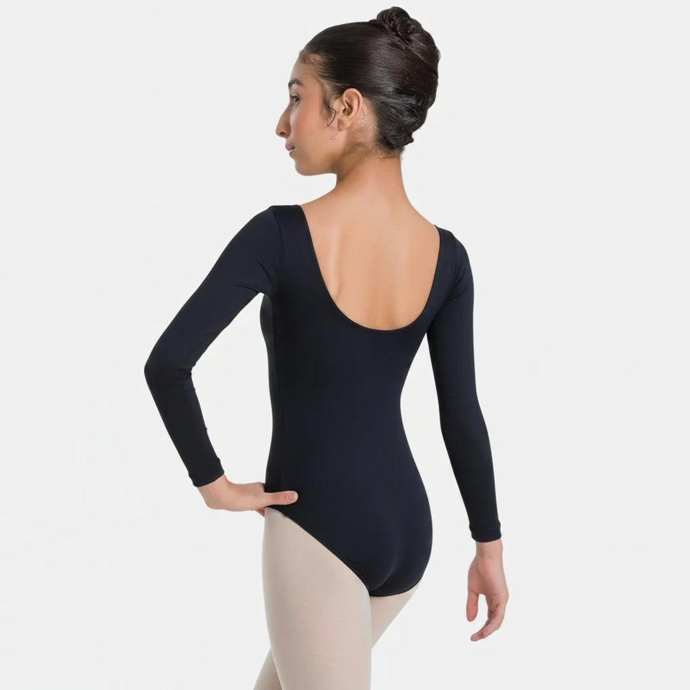 Person wearing a black long-sleeve leotard on a white background