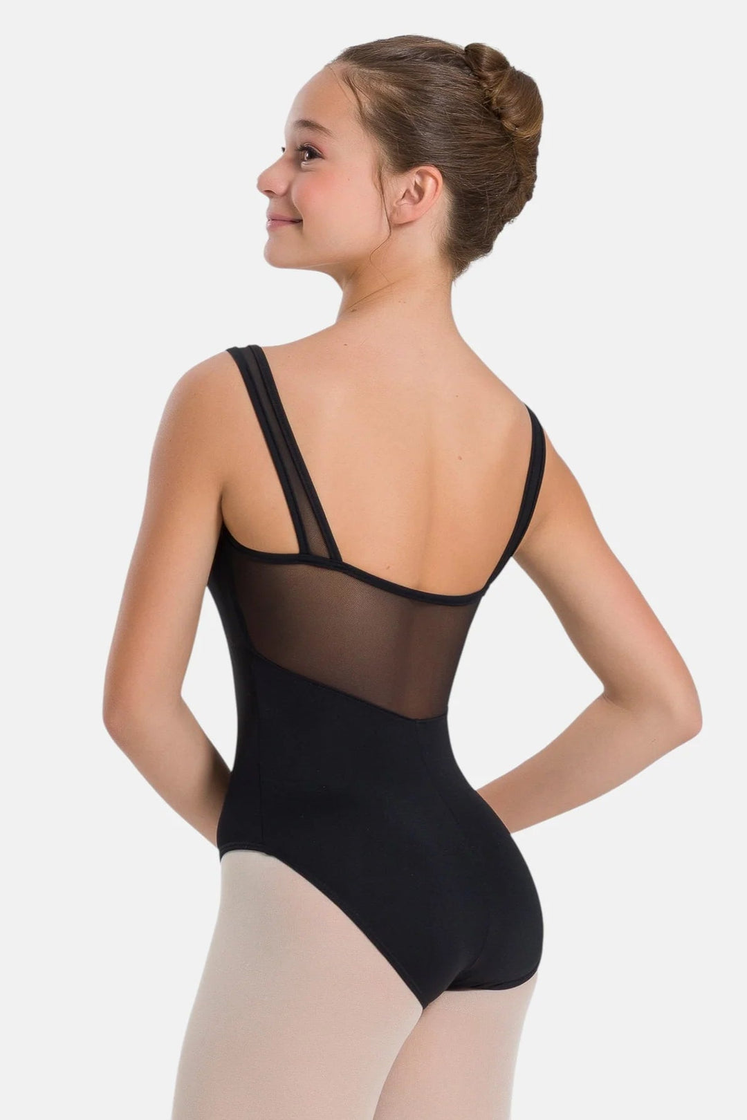 Person wearing a black leotard with sheer mesh back on a white background