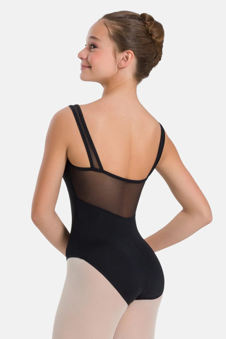 Person wearing a black leotard with sheer mesh back on a white background