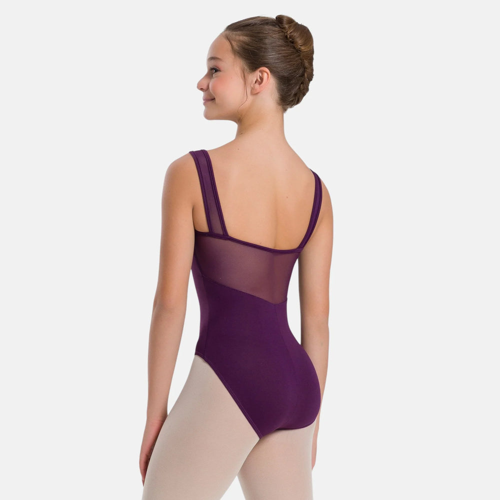 Ballerina wearing a purple leotard on a white background