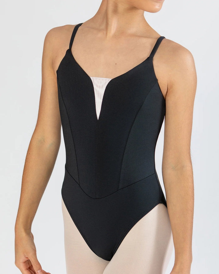 A black ballet leotard with thin shoulder straps and a V-shaped neckline, shown on a model against a light gray background.